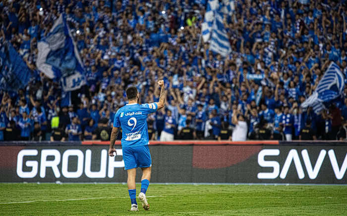 Aleksandar Mitrovic pictured celebrating after scoring a goal for Al-Hilal in October 2023